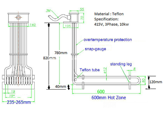 Over The Side L Shaped Teflon Immersion Heater 415V 3P 10KW